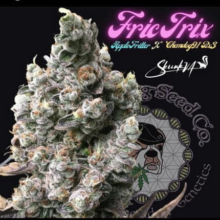 Frictrix cannabis flower with Lucky Dog Seed Co artwork